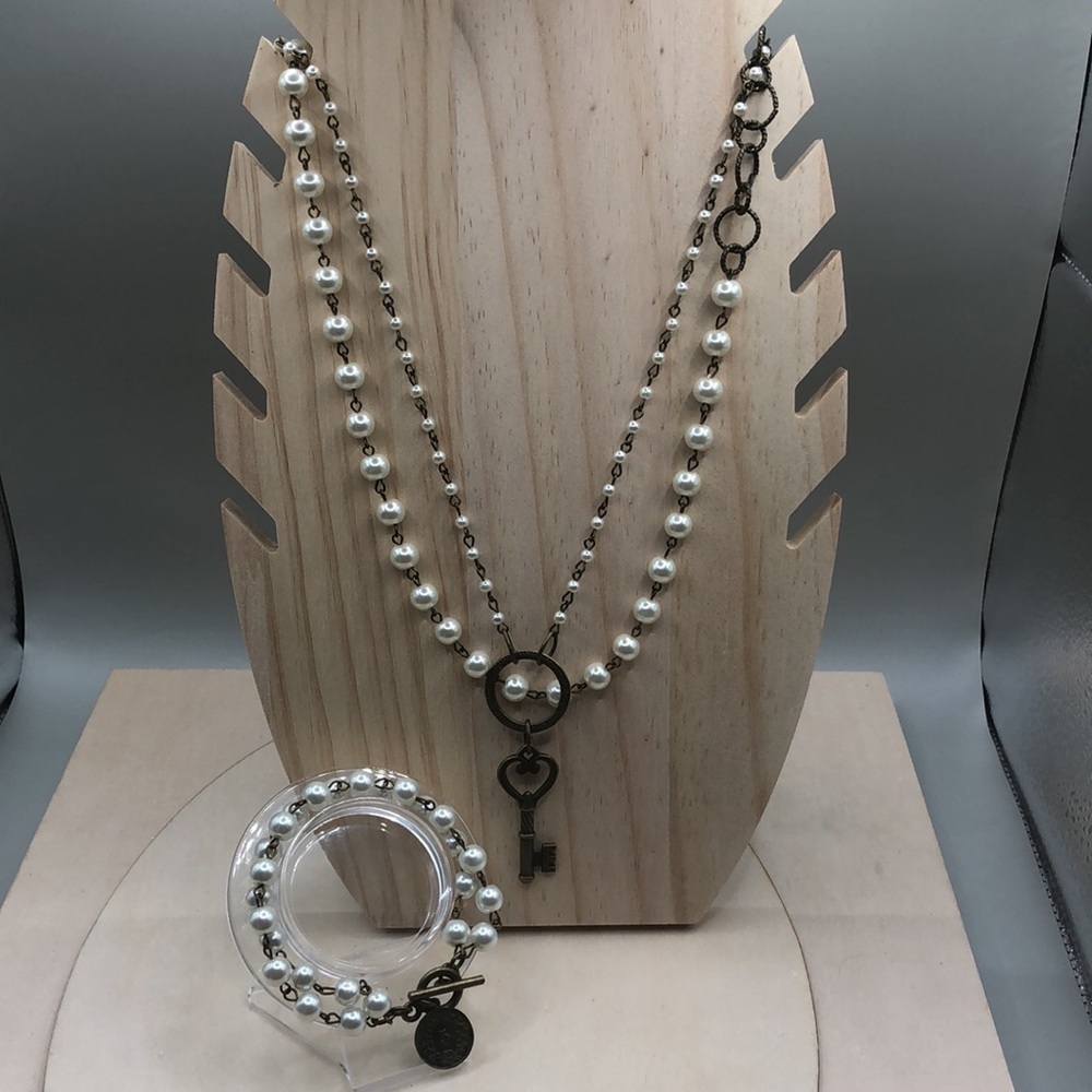 Curated bundle faux pearls brass chain necklaces with key charm, free bracelet